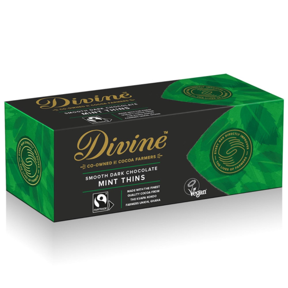 Divine Chocolates Dark Chocolate, After Dinner Mint Thins in their packaging with Fairtrade and Vegan Society Approved labels, on a white background.