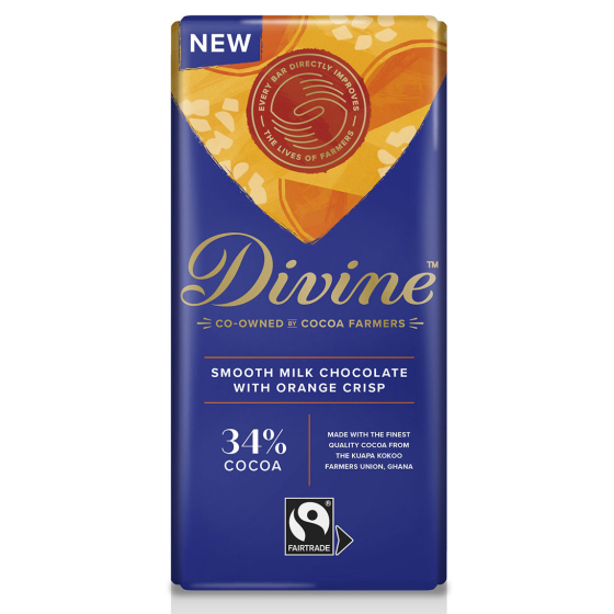 Divine Fairtrade 34% Milk Chocolate Bar with Orange Crisp 90g in packaging pictured on a plain white background