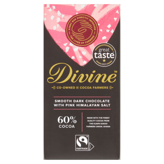 Divine Fairtrade 60% Dark Chocolate Bar with Pink Himalayan Salt 90g in packaging pictured on a plain white background