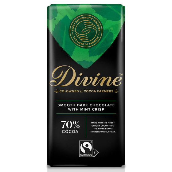 Divine Fairtrade 70% Dark Chocolate Bar with Mint Crisp 90g in packaging on a plain white background