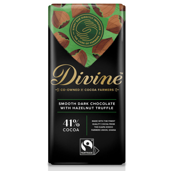 Divine Fairtrade Dark Chocolate Bar with Hazelnut Truffle 90g in packaging pictured on a plain white background