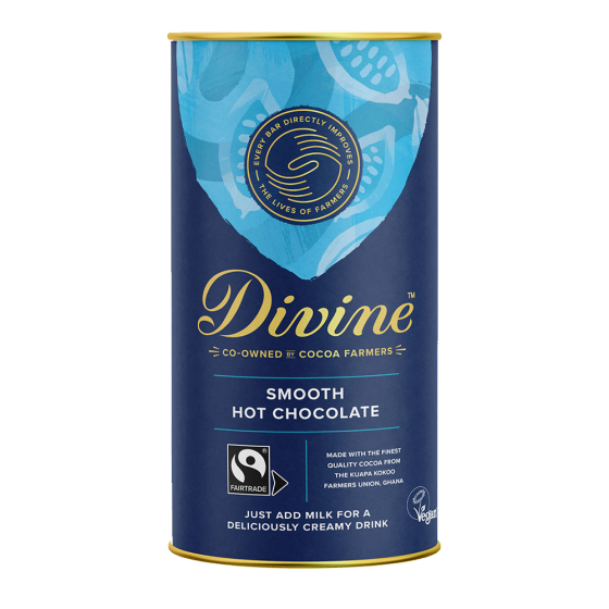 Divine Fairtrade Drinking Chocolate 400g tub pictured on a plain white background