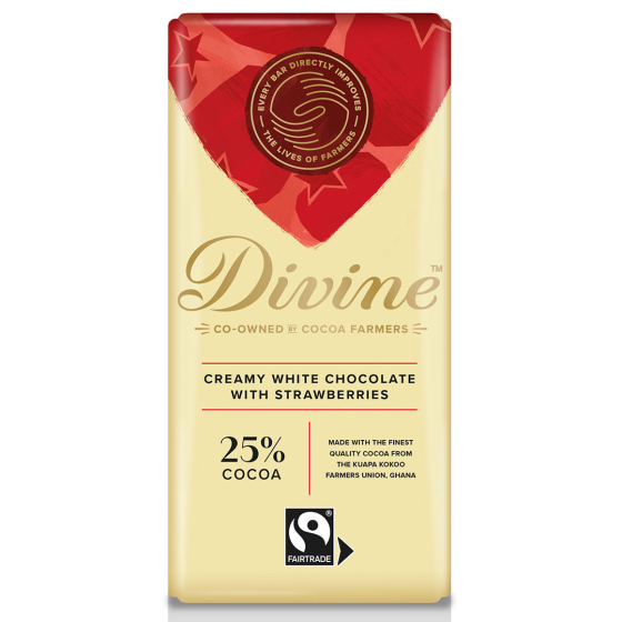 Divine Fairtrade White Chocolate Bar with Strawberries 90g in packaging pictured on a plain white background