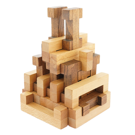 Drei Blätter New Blocks wooden shapes stacked into a geometric tower on a white background