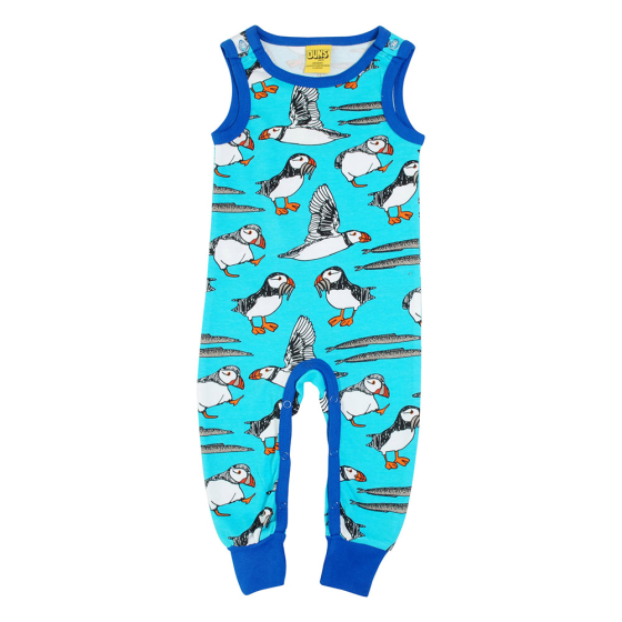 DUNS Sweden childrens organic cotton dungarees in the blue atoll puffin print on a white background