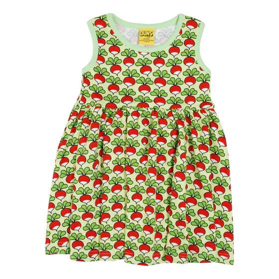 DUNS Sweden childrens organic cotton sleeveless gather skirt dress in the paradise green radish print on a white background