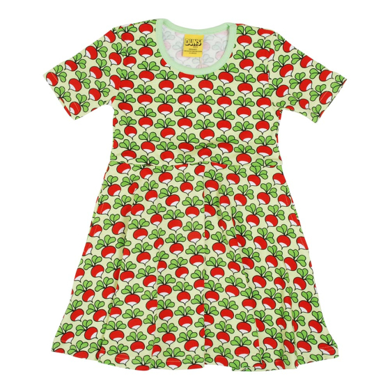 DUNS Sweden childrens short sleeve skater dress in the paradise green radish print on a white background
