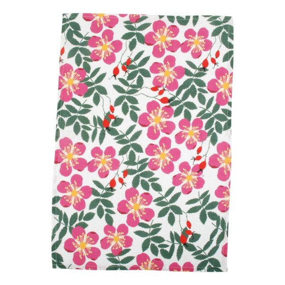 DUNS Sweden organic cotton linen geranium rosehip tea towel laid out on a white background