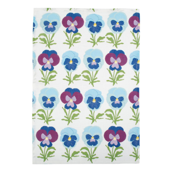 DUNS Sweden organic cotton linen pansy kitchen tea towel laid out on a white background