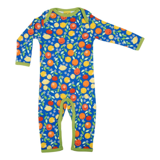 DUNS Sweden organic cotton childrens citrus blue long sleeve playsuit laid out on a white background