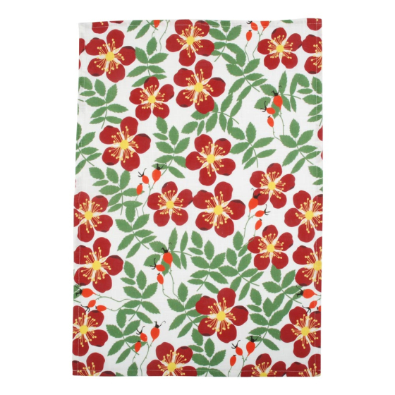 DUNS Sweden organic cotton linen kitchen tea towel in the red rosehip colour laid out on a white background