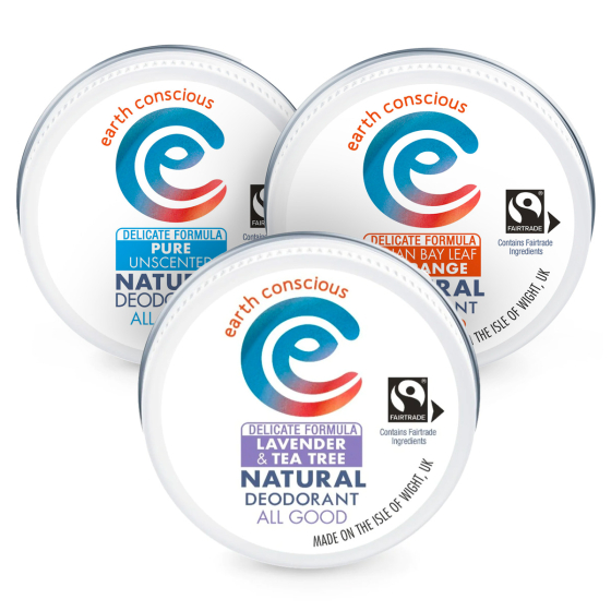 3 Earth Conscious delicate deodorant balm tins laid out on a white background