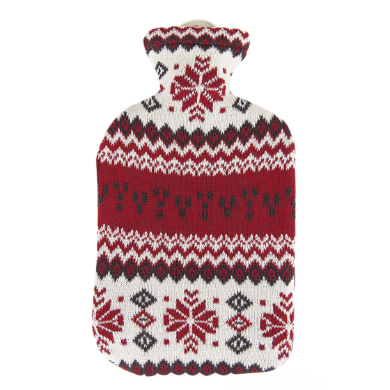 Eco Living Natural Rubber hot water bottle in North Star design. Red, white and black geometric patterns and design. On a white background