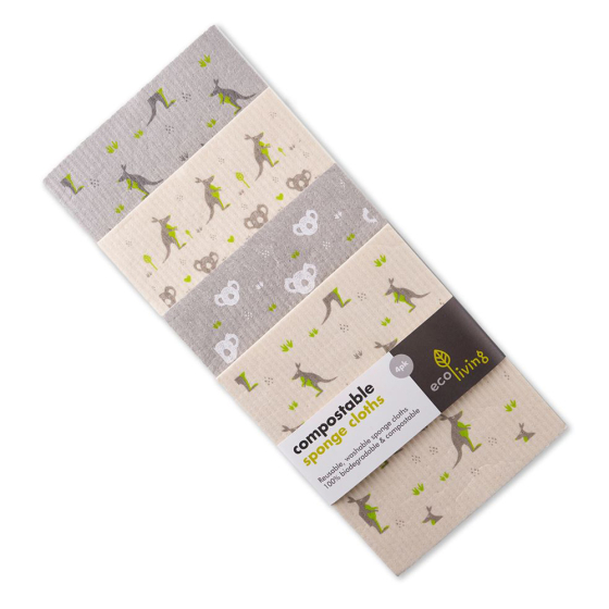 4 Ecoliving reusable sponge cleaning cloths in their card sleeve on a white background, showing the different kangaroo and koala prints