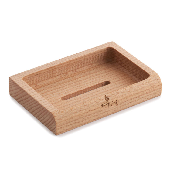Ecoliving handmade beech wood soap dish on a white background
