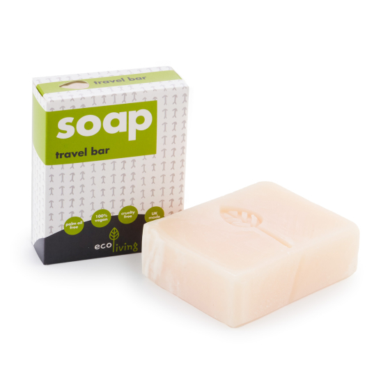 Ecoliving handmade solid travel soap bar on a white background next to its cardboard box