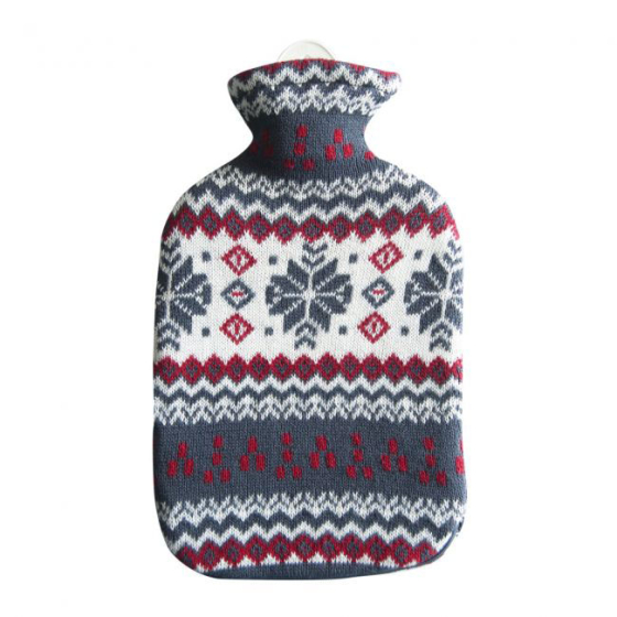 Ecoliving Natural Rubber Hot Water Bottle with a Snow Flake print cover pictured on a plain white background