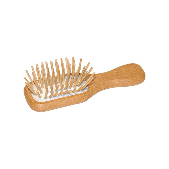 Ecoliving plastic-free mini wooden hairbrush on a white background