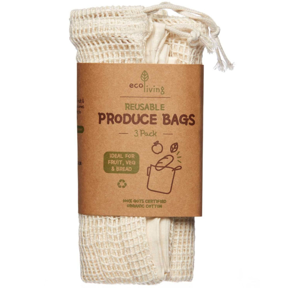 Ecoliving Organic Cotton Produce & Bread Bag 3 Pack