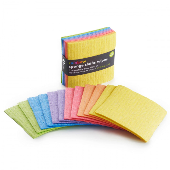 ecoliving sponge cloth wipes in paper sleeve packaging with 12 wipes laid out in front pictured on a plain white background