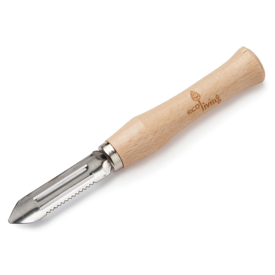 Ecoliving Wooden Potato Peeler pictured on a plain white background