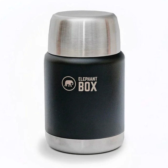Elephant box stainless steel insulated food flask in black on a white background
