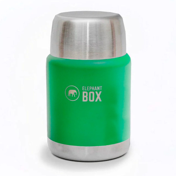 Elephant box stainless steel insulated food flask in green on a white background