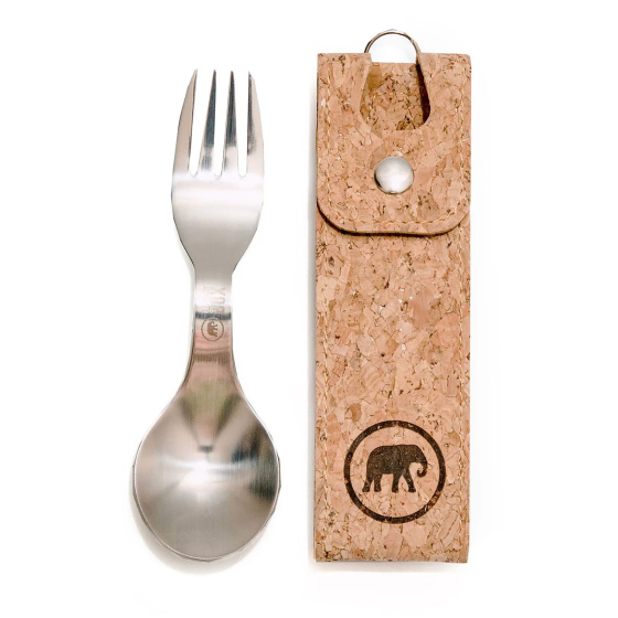 Elephant Box Stainless Steel Spork next to a cork pocket, on a white background