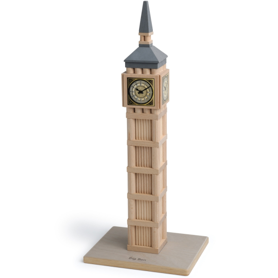 Erzi wooden Big Ben building kit, stacked in a tower on a wooden base on a white background