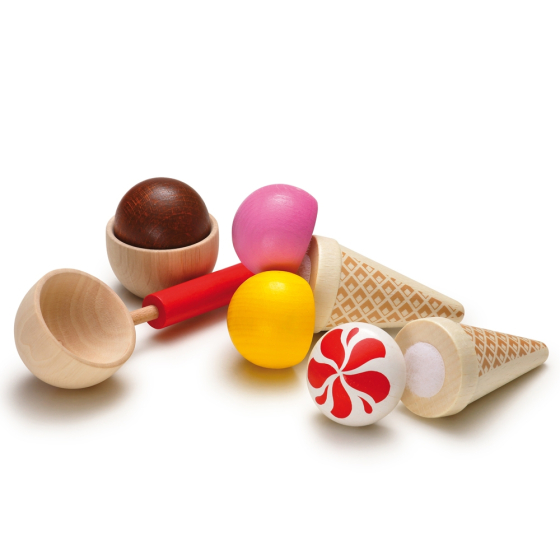 Erzi Ice Cream Party Assortment Wooden Play Food Set on a white background.