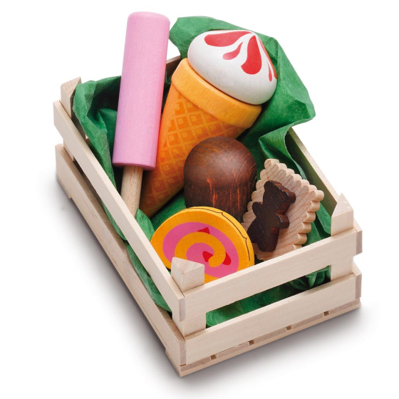 The Erzi Assorted Candies Wooden Play Food Set, six play food sweet treats displayed in a wooden crate, plain background.