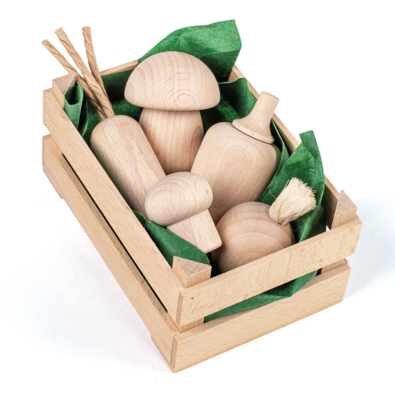 Erzi natural wooden vegetable play food assortment in a wooden crate on a white background