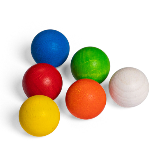 Colourful rainbow Erzi 6 Wooden Balls Marble Set. The colours of the balls are blue, red, yellow, green, orange, and white