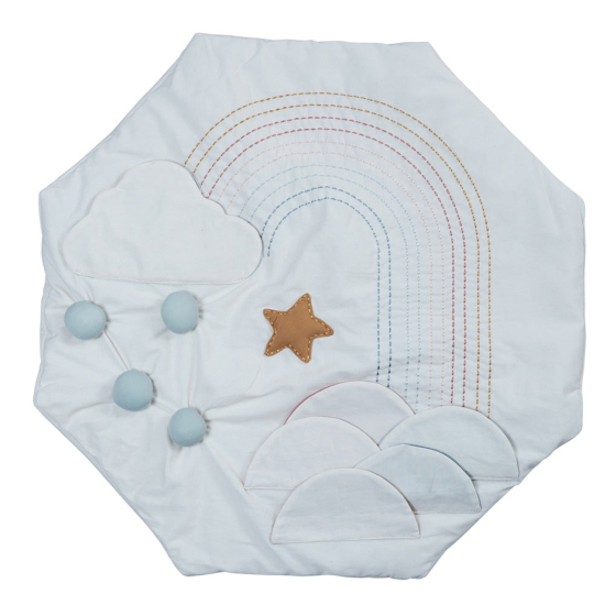 Fabelab Organic Travel Size Activity Blanket, with rainbow embroidery betwen two clouds, light blue fabric pompoms, and a yellow star 