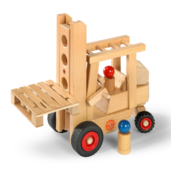 Fagus sustainably sourced wooden forklift vehicle toy on a white background with two peg dolls