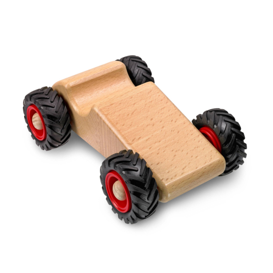 Fagus hand carved wooden race car toy on a white background