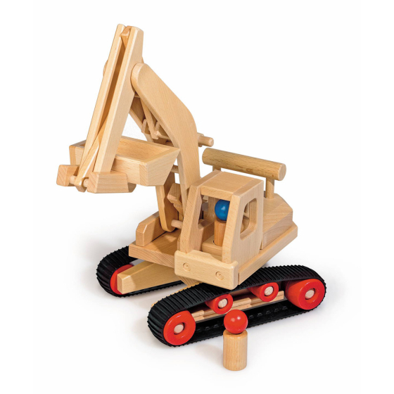 Fagus large wooden excavator toy on a white background next to a small wooden peg doll