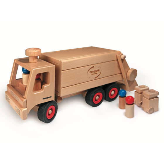 Fagus large wooden garbage tipper truck toy on a white background next to some small peg dolls