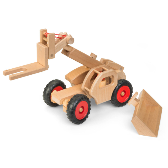 Fagus handmade wooden telescopic loader farm toy on a white background next to its interchangeable bucket