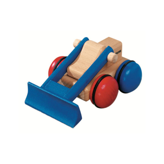 Fagus eco-friendly mini wooden wheel loader toy on a white background with its scoop down