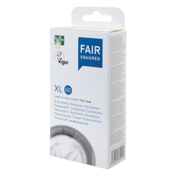 Fair Squared eco-friendly fairtrade XL vegan condoms in their white box on a white background