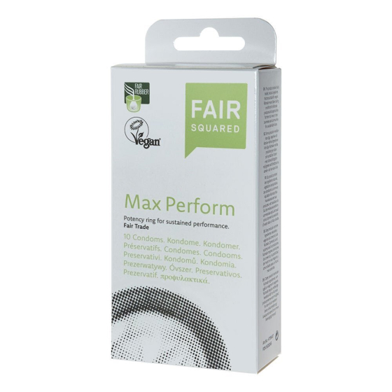 Fair Squared eco-friendly fairtrade max perform condoms in their white box on a white background