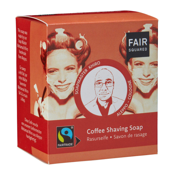 Fair Squared zero waste coffee shaving soap on a white background