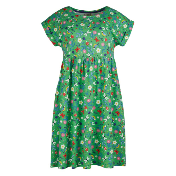 green adult slub dress with the hedgerow print from frugi