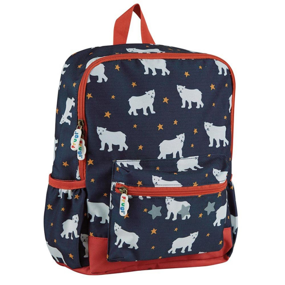 Frugi Polar Bears printed navy rucksack with red zip detailing for children