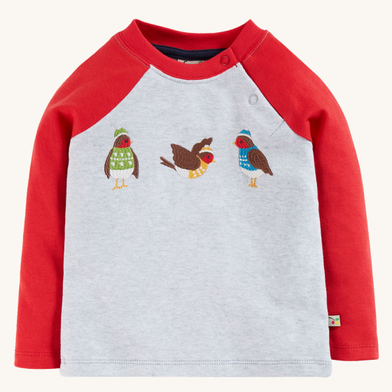 frugi alfie grey top with red long raglan sleeves and robins applique