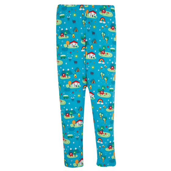 Frugi X Babipur Tobermory Camp Out Libby Printed children's leggings laid out on a white background
