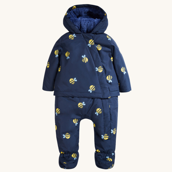 Front view of the Frugi Waterproof All-In-One Suit - Buzzy Bee on a plain background.