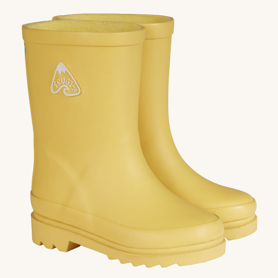 Front three-quarter view of the Frugi Explorer Wellington Boots - Bumblebee on a plain background.