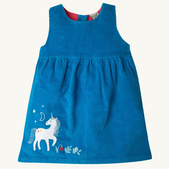 Front of the Frugi Caeli Cord Dress - Tobermory Teal / Unicorn on a plain background.